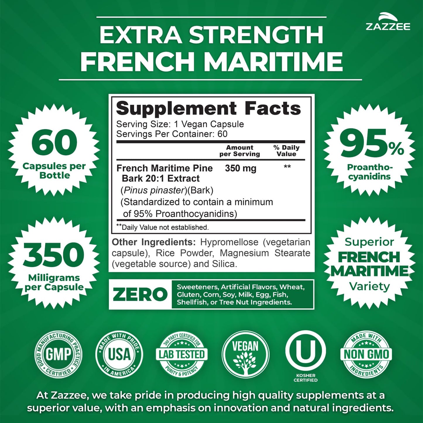 Zazzee Extra Strength French Maritime Pine Bark Extract 20:1, 180 Capsules | 350 mg Per Capsule, 95% Proanthocyanidins, Vegan, 6 Month Supply, Certified Kosher, Antioxidant Support, Non-GMO, Made in USA Gsupps Australia
