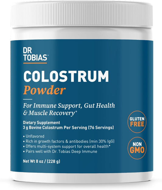 Dr. Tobias Colostrum Powder - Premium Bovine Colostrum Supplement for Immune Support, Gut Health & Muscle Recovery | 3g Per Serving Minimum 30% IgG Unflavored (8 oz 76 Servings)
