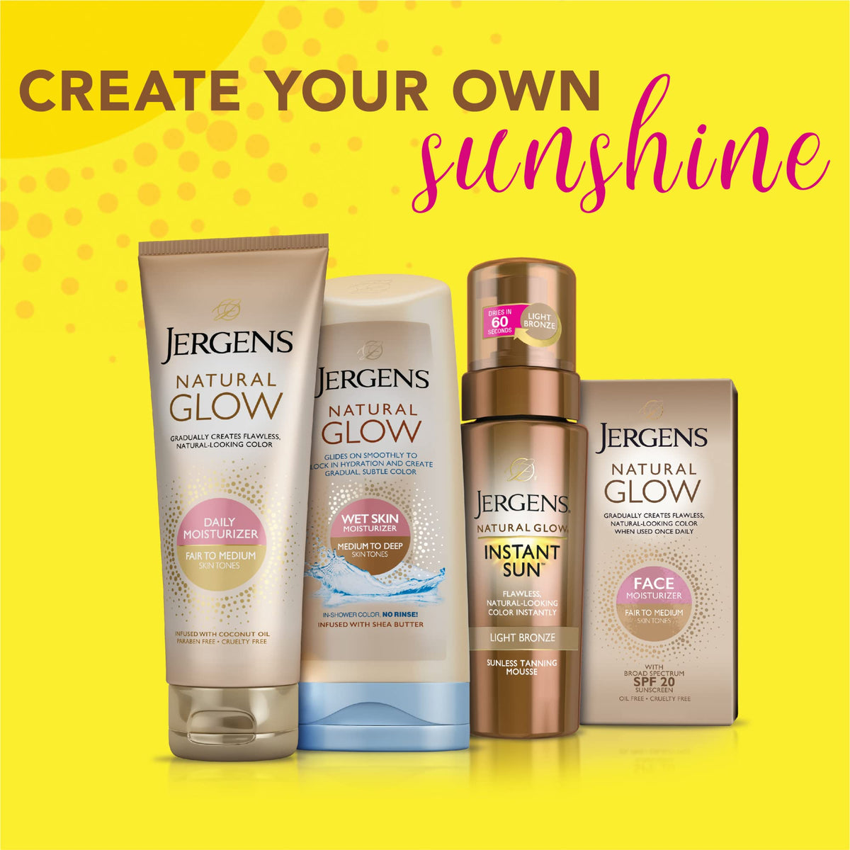 Jergens Natural Glow Self Tanner Face Moisturizer with SPF 20 Facial Sunscreen, Medium to Deep Skin Tone, Sunless Tanning, Oil Free, Broad Spectrum Protection UVA and UVB, 2 oz (Packaging May Vary) Jergens