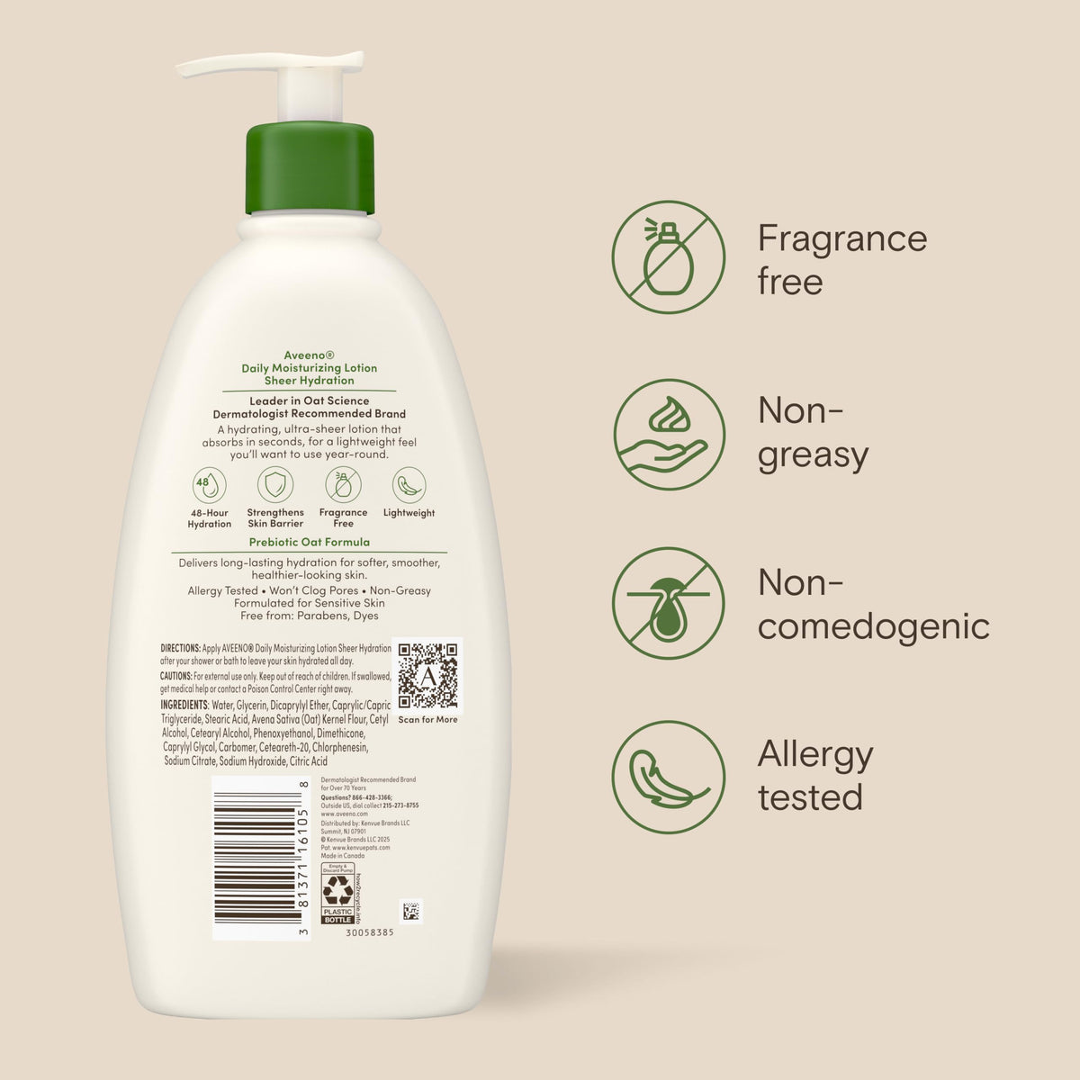 Aveeno Daily Moisturizing Sheer Hydration Fragrance-Free Lotion with Prebiotic Oat for Dry Skin, Lightweight, Non-Greasy and Fast-Absorbing Body Lotion Nourishes Skin with 48-Hour Moisture, 18 Fl Oz Aveeno