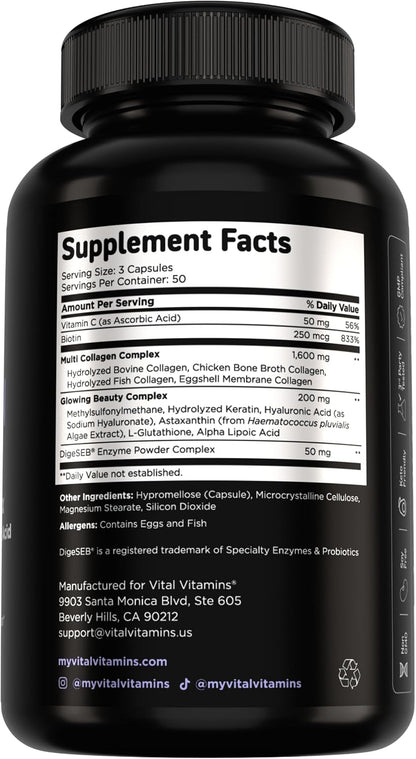 Vital Vitamins Multi Collagen Complex Plus Biotin, Hyaluronic Acid & VIT. C | Hair, Skin, & Nails Supplements for Women and Men, 5 Collagen Types I II III V & X, 150 Capsules Gsupps Australia