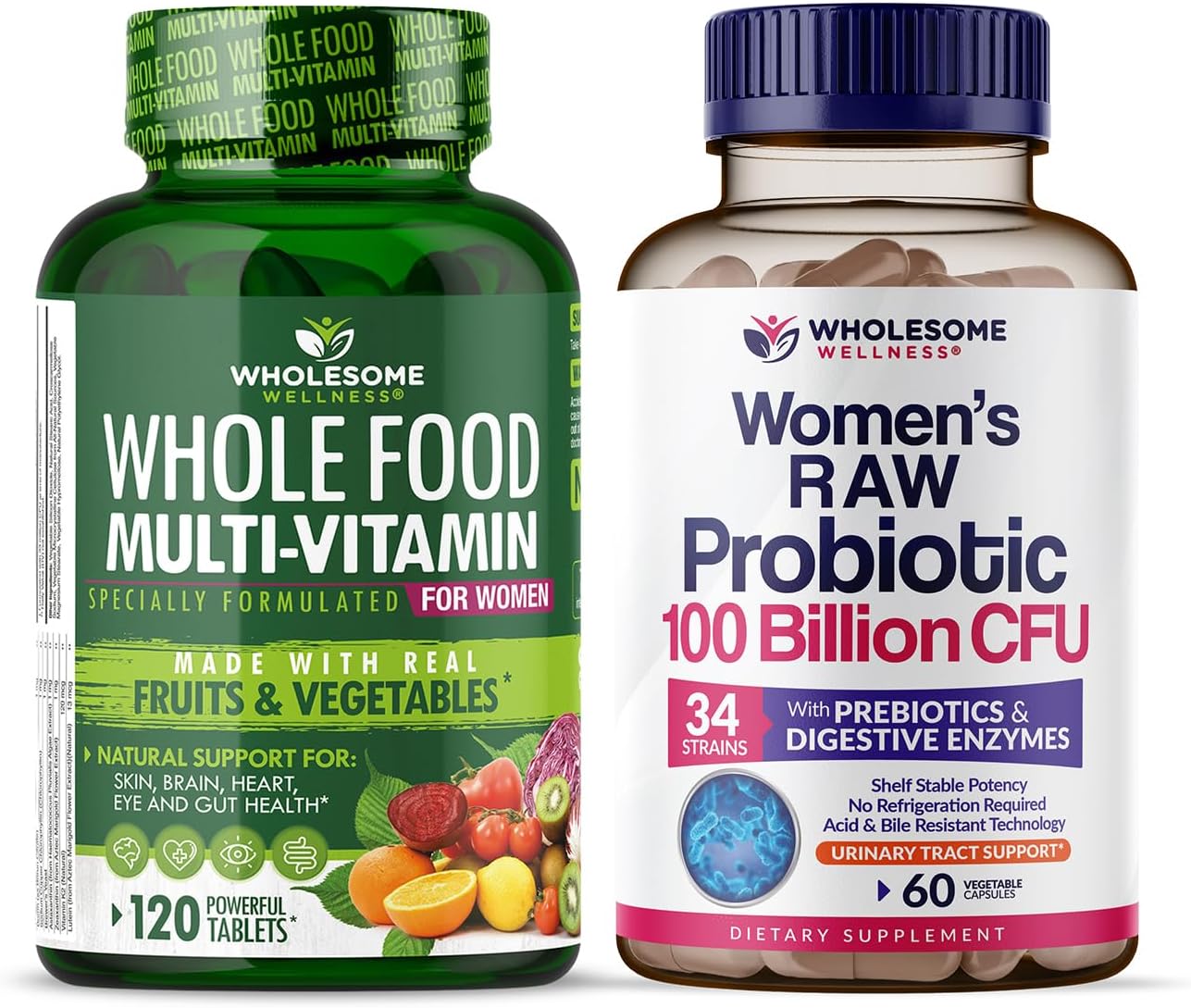 Wholesome Wellness Food Multivitamin for Women - Natural Multi Vitamins, Minerals, Organic Extracts + Dr. Formulated Raw Probiotics for Women 100 Billion CFUs with Prebiotics Bundle Gsupps Australia