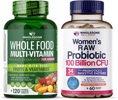 Wholesome Wellness Food Multivitamin for Women - Natural Multi Vitamins, Minerals, Organic Extracts + Dr. Formulated Raw Probiotics for Women 100 Billion CFUs with Prebiotics Bundle Gsupps Australia
