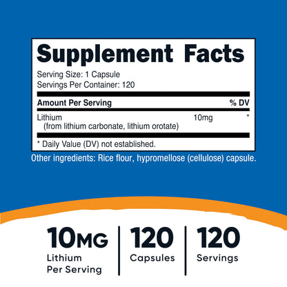 Nutricost Lithium Orotate (10mg) 120 Capsules - Vegan Lithium Supplement, GMO-Free, Gluten-Free Nutricost