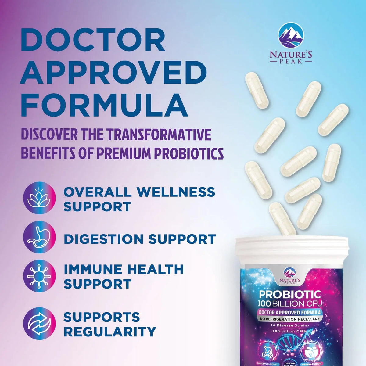 Probiotics for Digestive Gut Health - 100 Billion CFU Per Capsule, 16 Premium Strains & Prebiotics - Best Probiotics for Women & Men, Occasional Constipation Nature's Peak