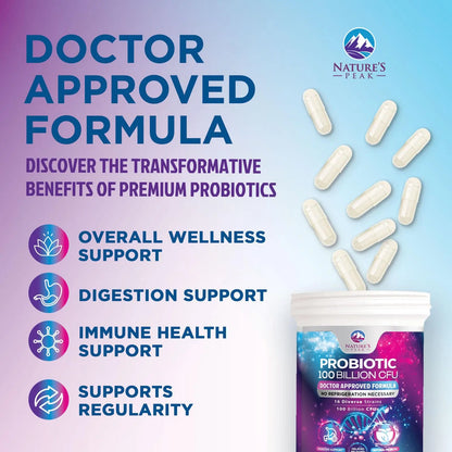 Probiotics for Digestive Gut Health - 100 Billion CFU Per Capsule, 16 Premium Strains & Prebiotics - Best Probiotics for Women & Men, Occasional Constipation Nature's Peak