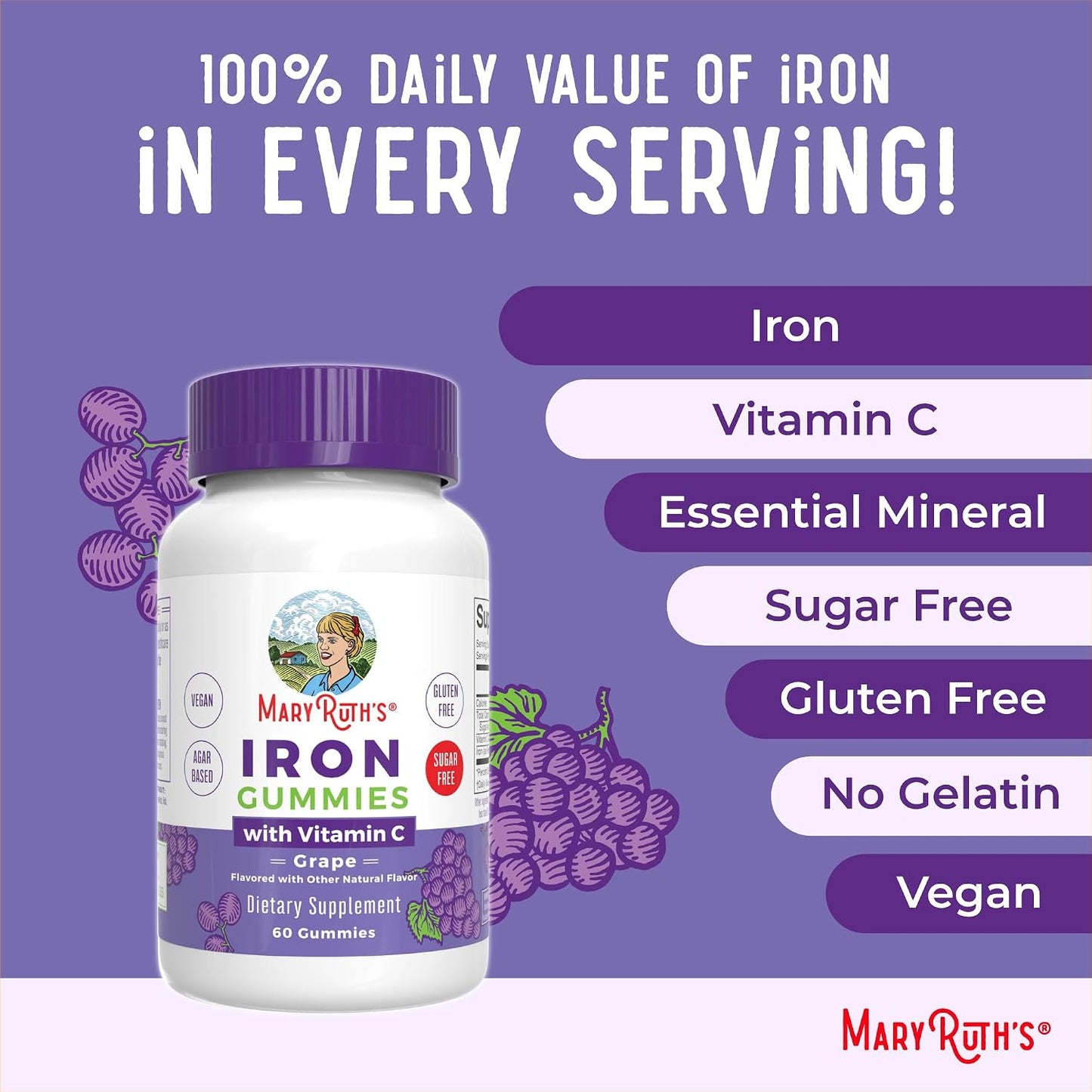 MaryRuth's Iron Gummies for 14+ with Vitamin C for Absorption | Sugar Free | Gummy Iron Supplement + VIT C | Energy Metabolism | Cellular Health | Immune Support | Vegan | Non-GMO | 60 Count