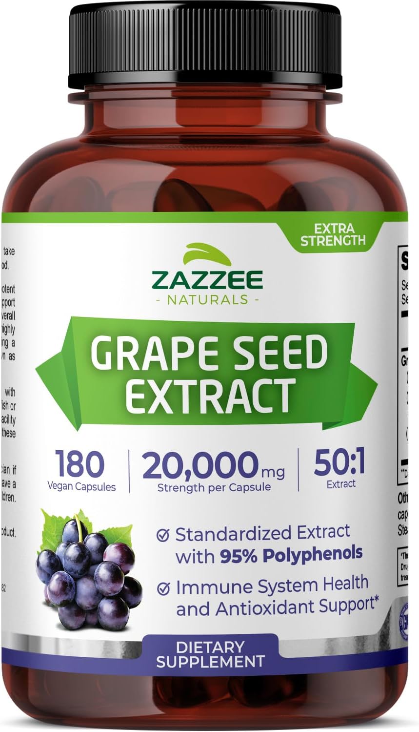 Zazzee High Strength Grape Seed 50:1 Extract, 180 Capsules, 95% Polyphenols | Vegan, 400 mg per Capsule, 6 Month Supply, Antioxidant, Circulation & Blood Flow Support, Non-GMO, Made in the USA Gsupps Australia