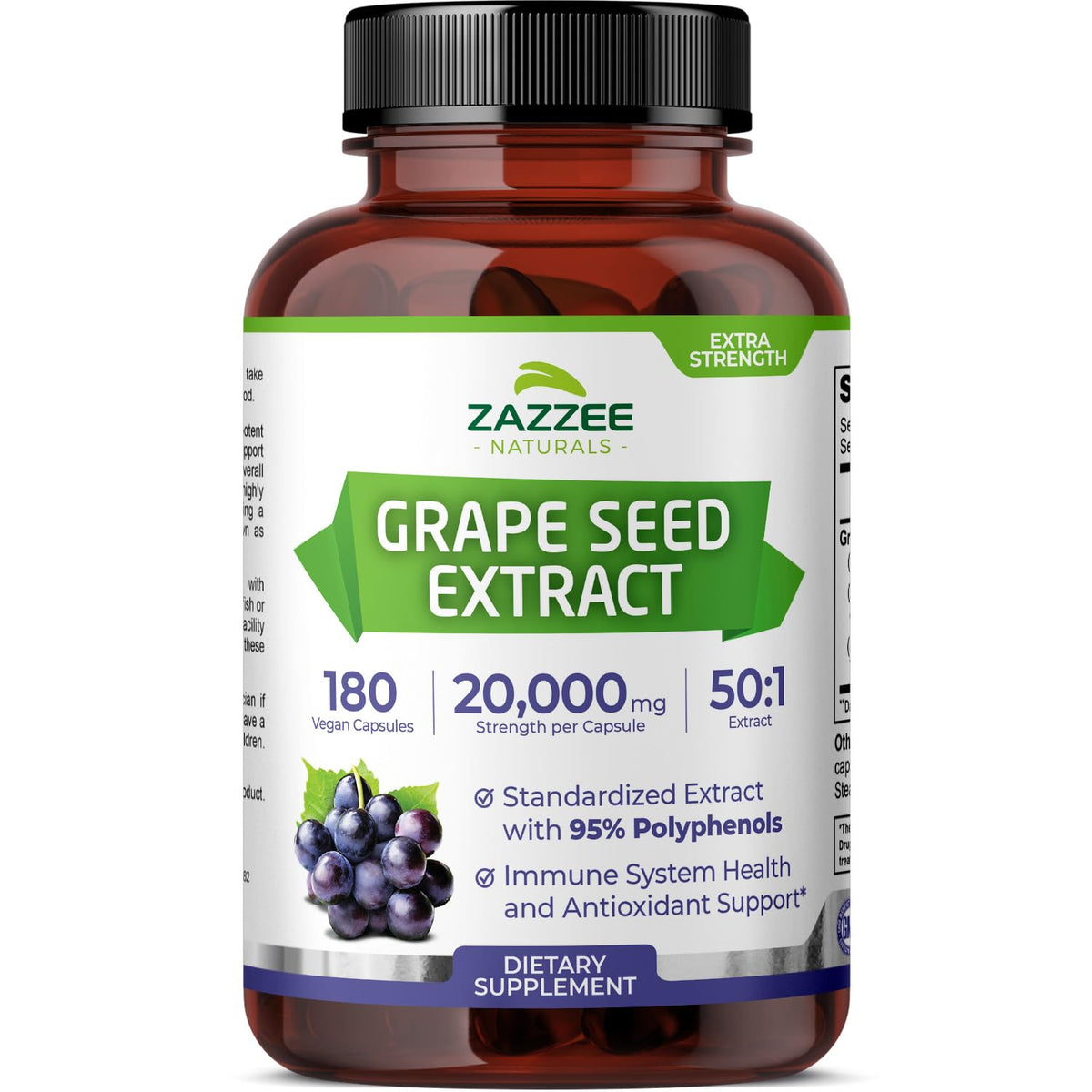 Zazzee High Strength Grape Seed 50:1 Extract, 180 Vegan Capsules, 95% Polyphenols, 400 mg per Capsule, 6 Month Supply, Antioxidant Zazzee
