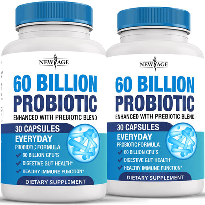 Probiotics 60 Billion CFU with Prebiotic Formula - Probiotics for Women and Men and Adults, 100% Natural Digestive Enzymes, NEW AGE