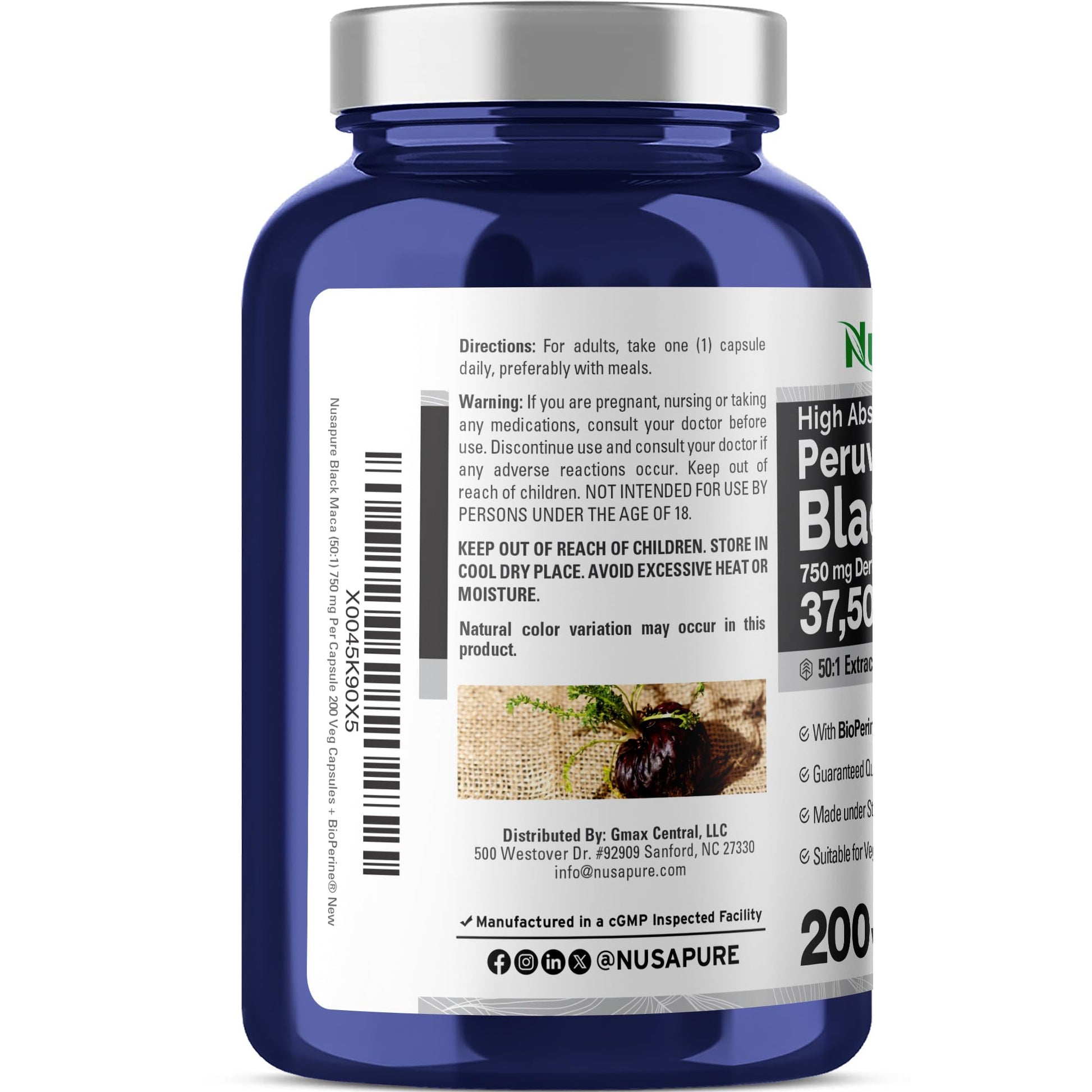 NusaPure Peruvian Black Maca Root Extract 50:1 - Suitable for Vegetarian/Vegan, Non - GMO - 37500 mg - 200 Capsules NusaPure buy australia supplements