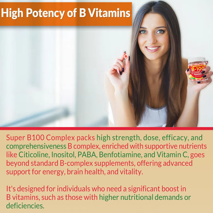Super Vitamin B Complex Gummies - Methylated B Complex for Women & Men, All B Vitamins, Methyl B12, Methylfolate, Vitamin C, Choline, Inositol, PABA for Energy NEVISS