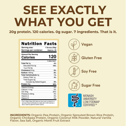 TumLove Vegan Protein Powder - Low FODMAP Certified, Gluten-Free, Dairy-Free, Soy-Free, 100% Gut-Friendly & Non-Bloating, Vanilla (25 Servings) TumLove