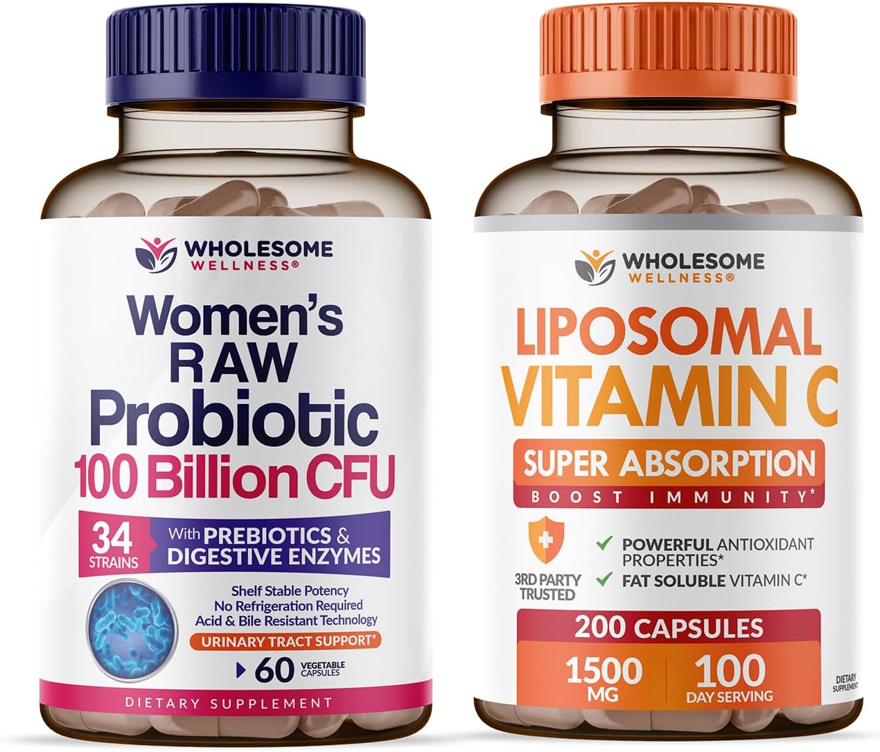 Wholesome Wellness Probiotics for Women 100 Billion CFUs with Prebiotics, Digestive Enzymes + Liposomal Vitamin C Capsules High Absorption, Ascorbic Acid Supplement Bundle Gsupps Australia
