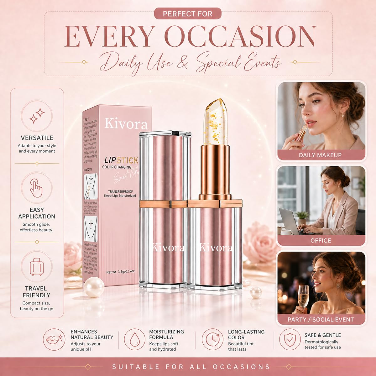 Kivora Lipstick（2 Pack）,Latest Rose Gold Kivora Lipstick for Mature Lips,PH Lipsticks Color Changing, Long Lasting Moisturizing Tinted Lip Balm Generic