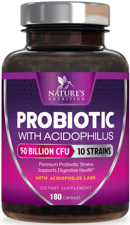 Probiotics for Digestive Gut Health - 50 Billion CFU Per Capsule, 10 Premium Strains & Prebiotics - Best Probiotics for Women & Men, Occasional Constipation, Gas, Immune Health Support - 180 Capsules Nature's Nutrition