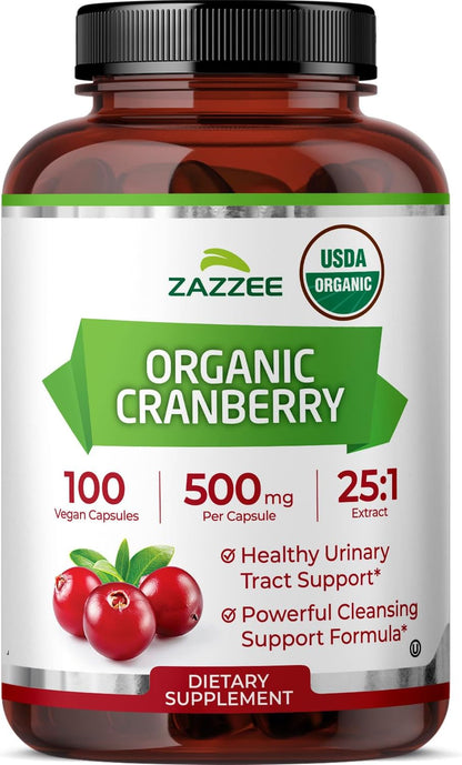 Zazzee USDA Organic Cranberry 25:1 Extract, 500mg per Capsule, 100 Capsules | Vegan, 3+ Month Supply, Certified Kosher, Vaccinium Macrocarpon, Non-GMO, Made in the USA Gsupps Australia