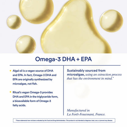 Ritual Vegan Omega 3 Supplement - Science-Backed Dose of DHA and EPA - Bioavailable Omega-3 from Algae Oil - Brain, Heart, and Eye Health Support Ritual