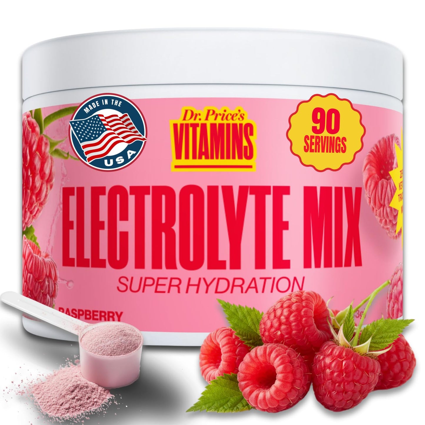 Dr. Price’s Electrolytes Powder Bulk – Raspberry, 90 Servings | Sugar Free Hydration Drink Mix with 72+ Trace Minerals, Manganese | Keto Electrolytes Dr. Price's Vitamins