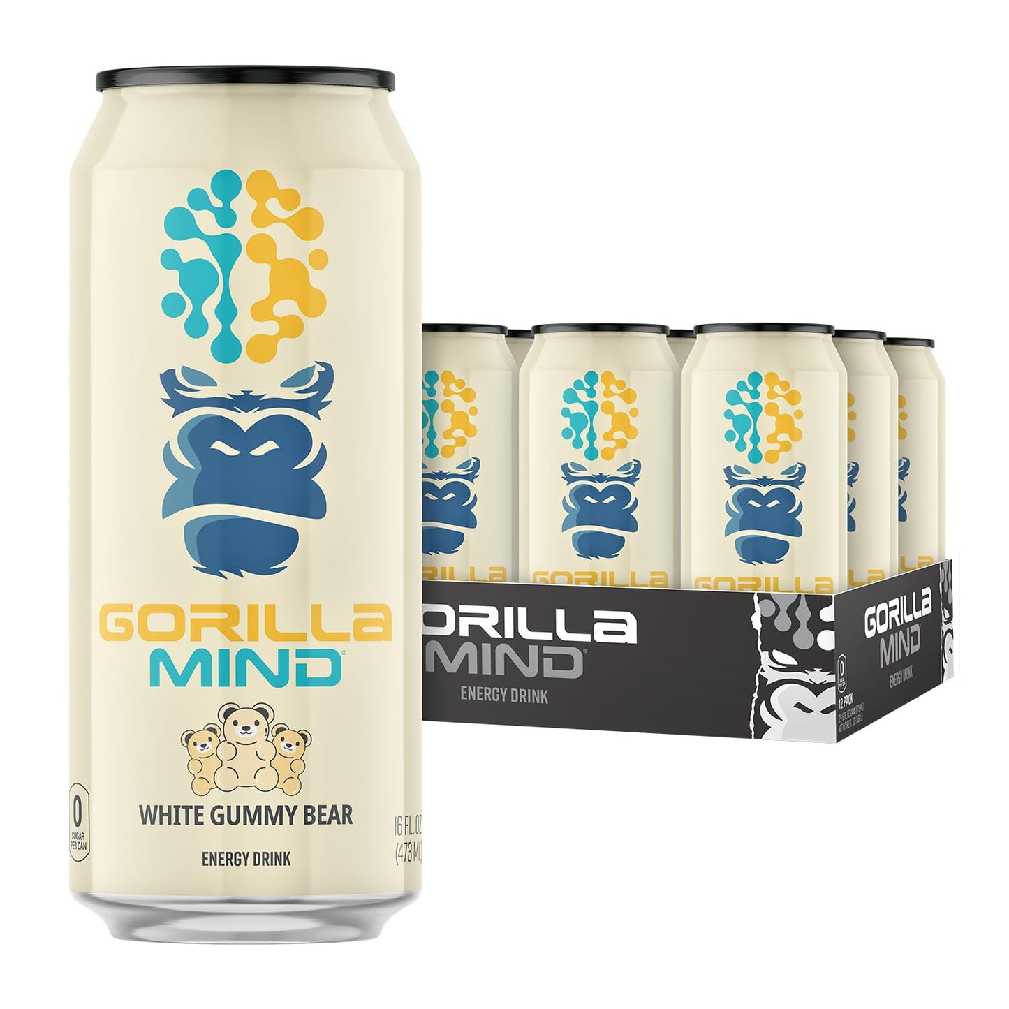 Gorilla Mind Energy Drink | Unmatched Energy · Amplified Focus | N-Acetyl-L-Tyrosine, Alpha-GPC, 200mg Caffeine, Uridine, Saffron | 0 Sugar Or Artificial Colors | 16oz, 12-Pack (Black Cherry Vanilla)