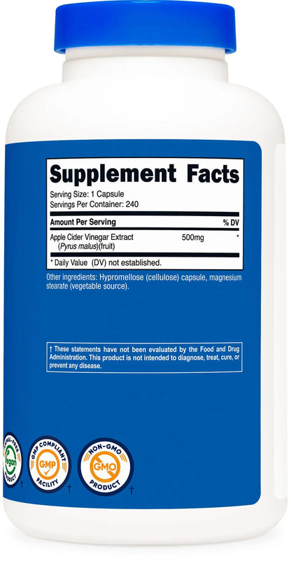 Nutricost Apple Cider Vinegar Capsules 500mg, 240 Vegetarian Capsules - Natural, Vegetarian, GMP, Non-GMO and Gluten Free Nutricost
