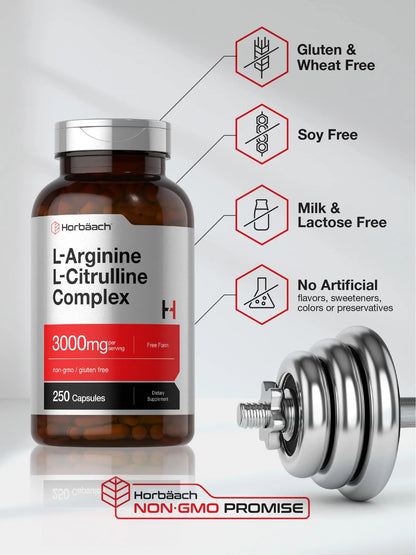 Horbäach L-Arginine L-Citrulline Complex | 3000mg | 250 Capsules | Non-GMO, Gluten Free Supplement Horbäach