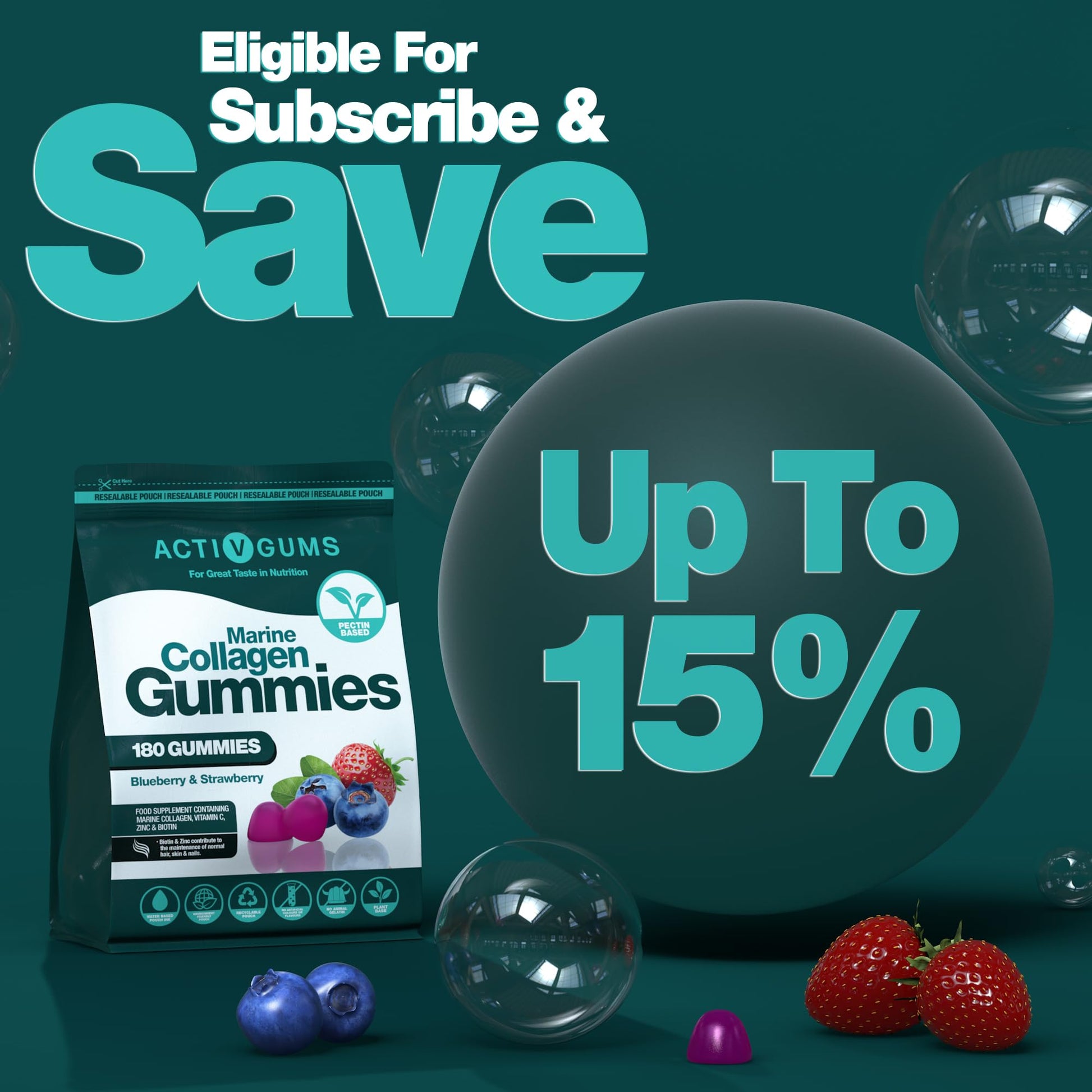 Marine Collagen Complex 180 Gummies. Strawberry & Blueberry Flavour. Resealable & Recyclable Pouch. Contains Marine Collagen, Vitamin C Activ Gums buy australia supplements