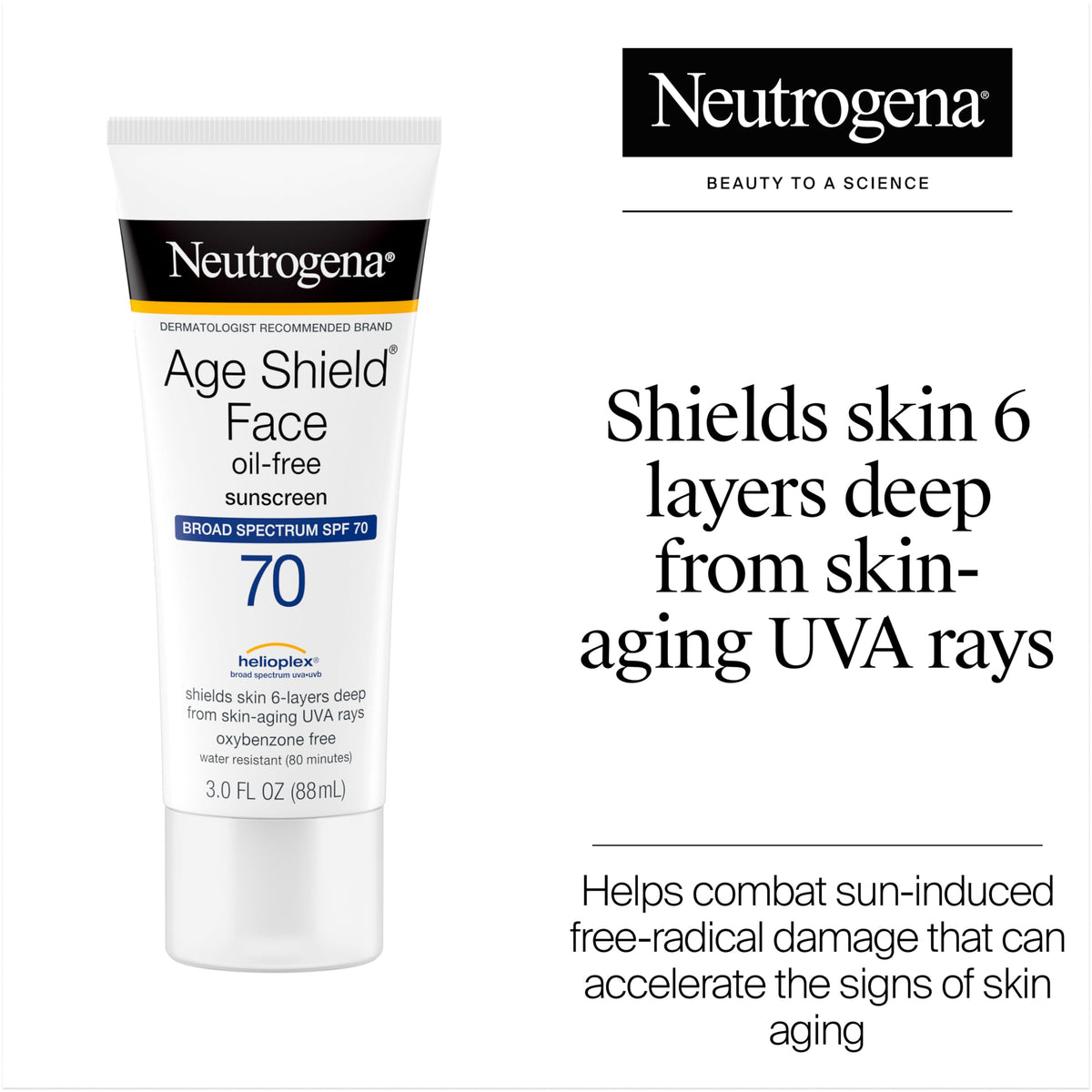 Neutrogena Age Shield Face Oil-Free Sunscreen Lotion with Broad Spectrum SPF 70, Non-Comedogenic Moisturizing Sunscreen to Help Prevent Signs of Aging, PABA-Free, 3 fl. oz. Neutrogena
