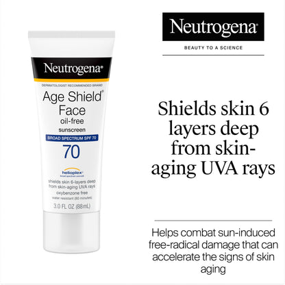 Neutrogena Age Shield Face Oil-Free Sunscreen Lotion with Broad Spectrum SPF 70, Non-Comedogenic Moisturizing Sunscreen to Help Prevent Signs of Aging, PABA-Free, 3 fl. oz. Neutrogena