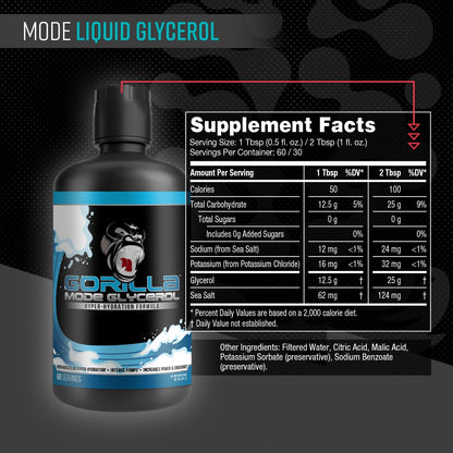 Gorilla Mode Liquid Glycerol Pre-Workout - Hydrating Pre-Workout Formula for Intense Pumps · Intramuscular Hyper-Hydration · Increased Power & Endurance / 33 FL OZ (Unflavored)