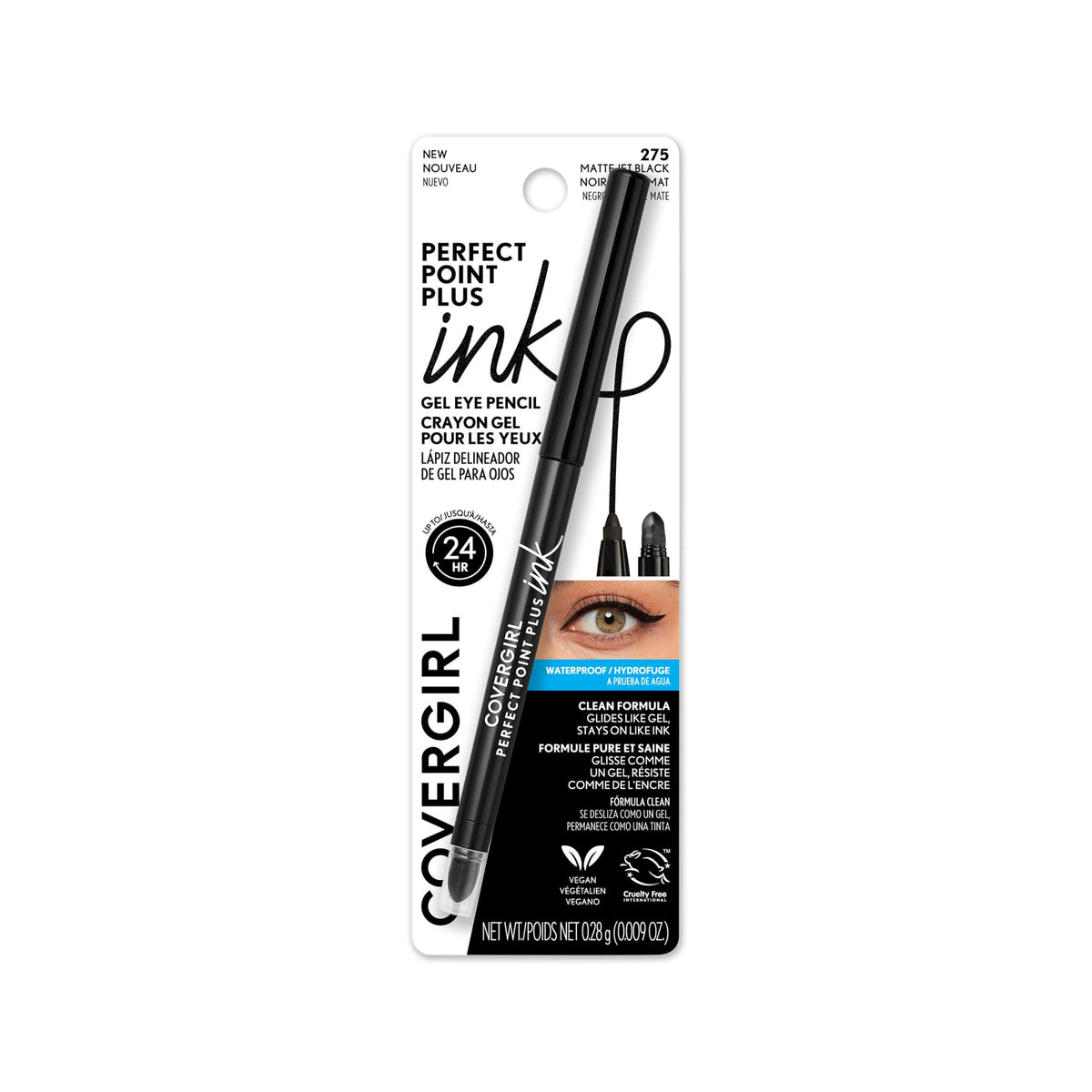 COVERGIRL Perfect Point Plus Ink Gel Eye Pencil, Pigmented, Long-Wearing, Vegan Formula, Matte Jet Black 275, 0.01oz COVERGIRL