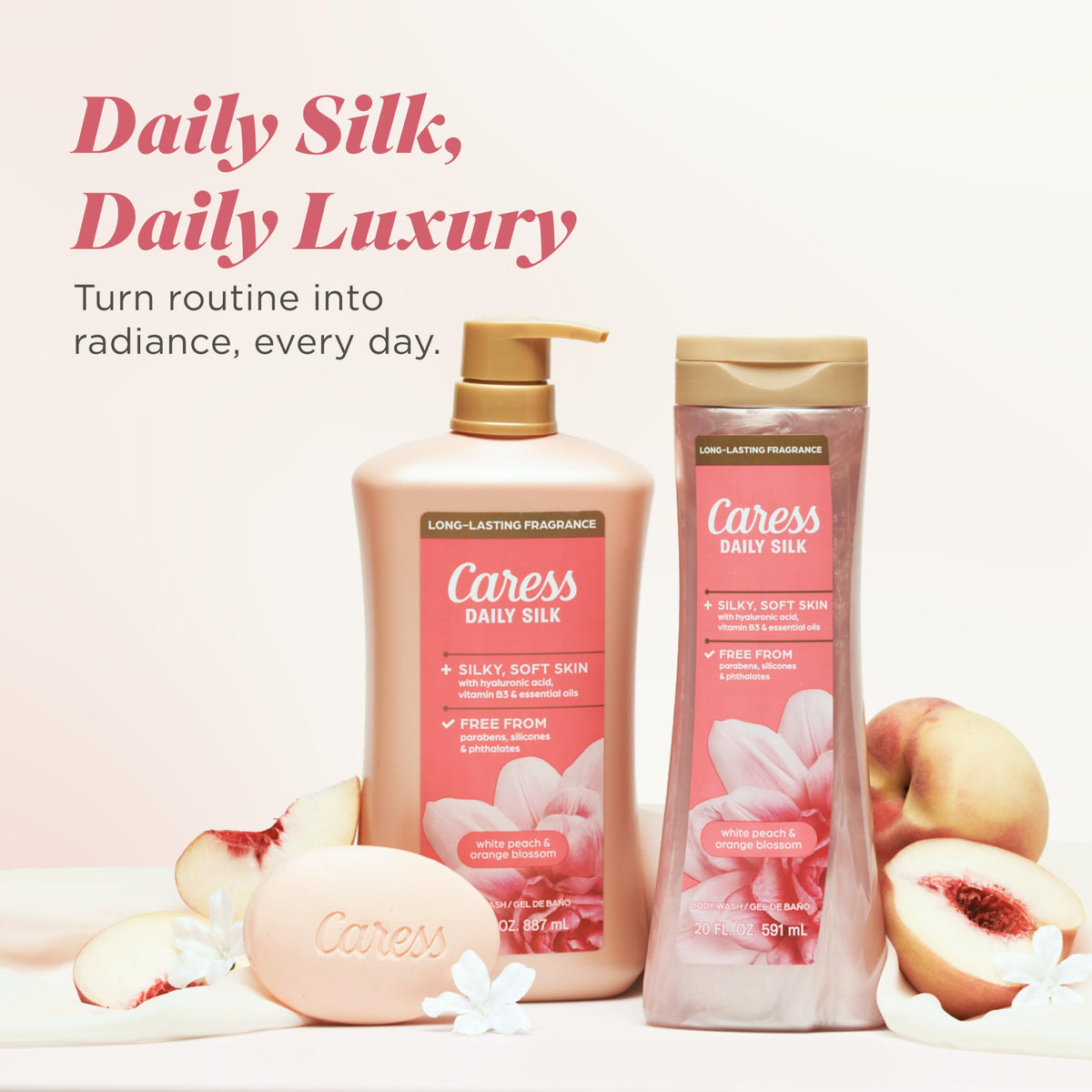 Caress Body Wash for Women, Daily Silk White Peach & Orange Blossom, Shower Gel Body Wash Moisturizing for Noticeably Silky, Soft Skin, 20 fl oz, 4 Pack Caress