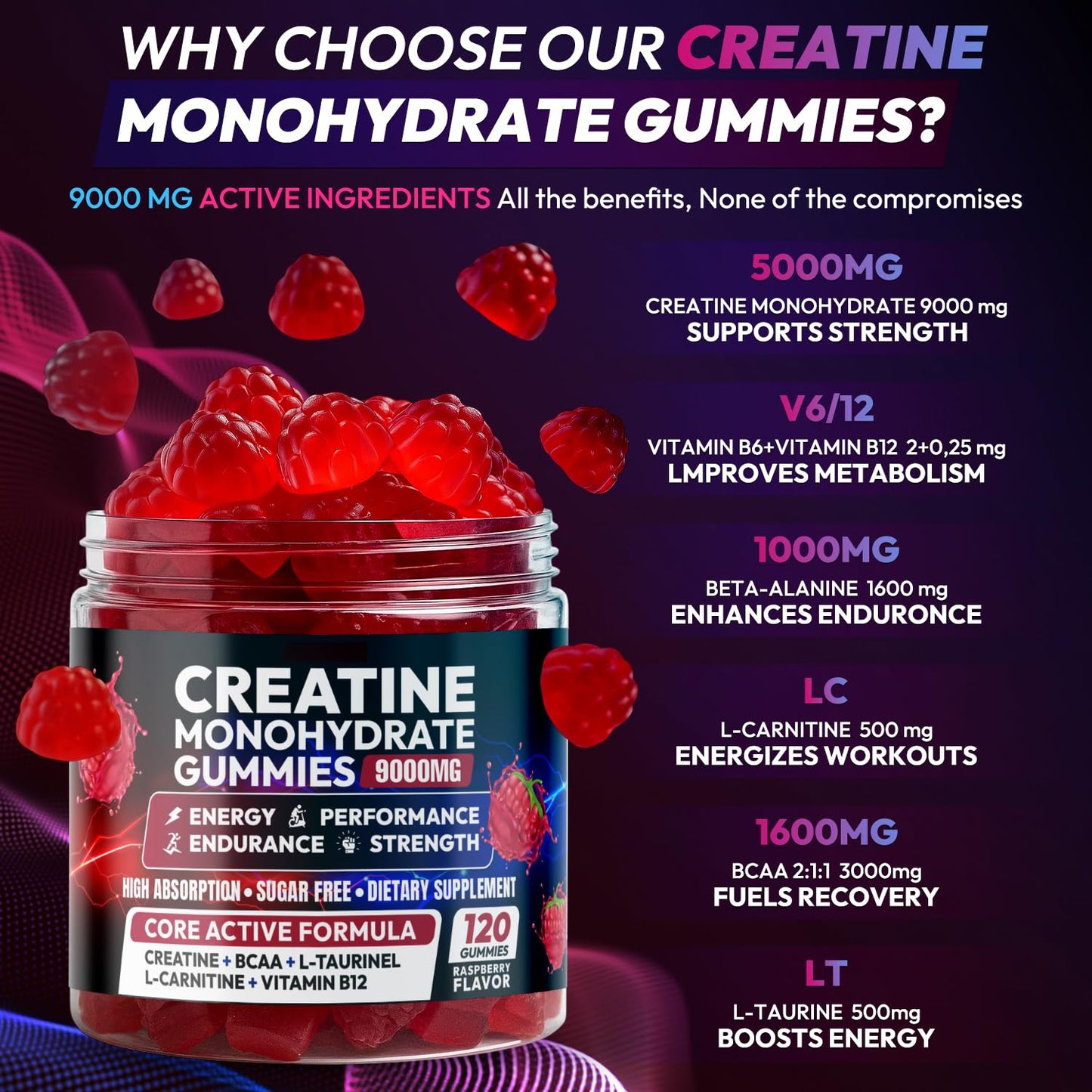 Cytona Creatine Gummies Monohydrate Complex 9000MG, Pre-Workout for Men & Women, Creatine Gummy with L-Taurine, BCAA 2:1, B12/6 for Muscle Support Cytona