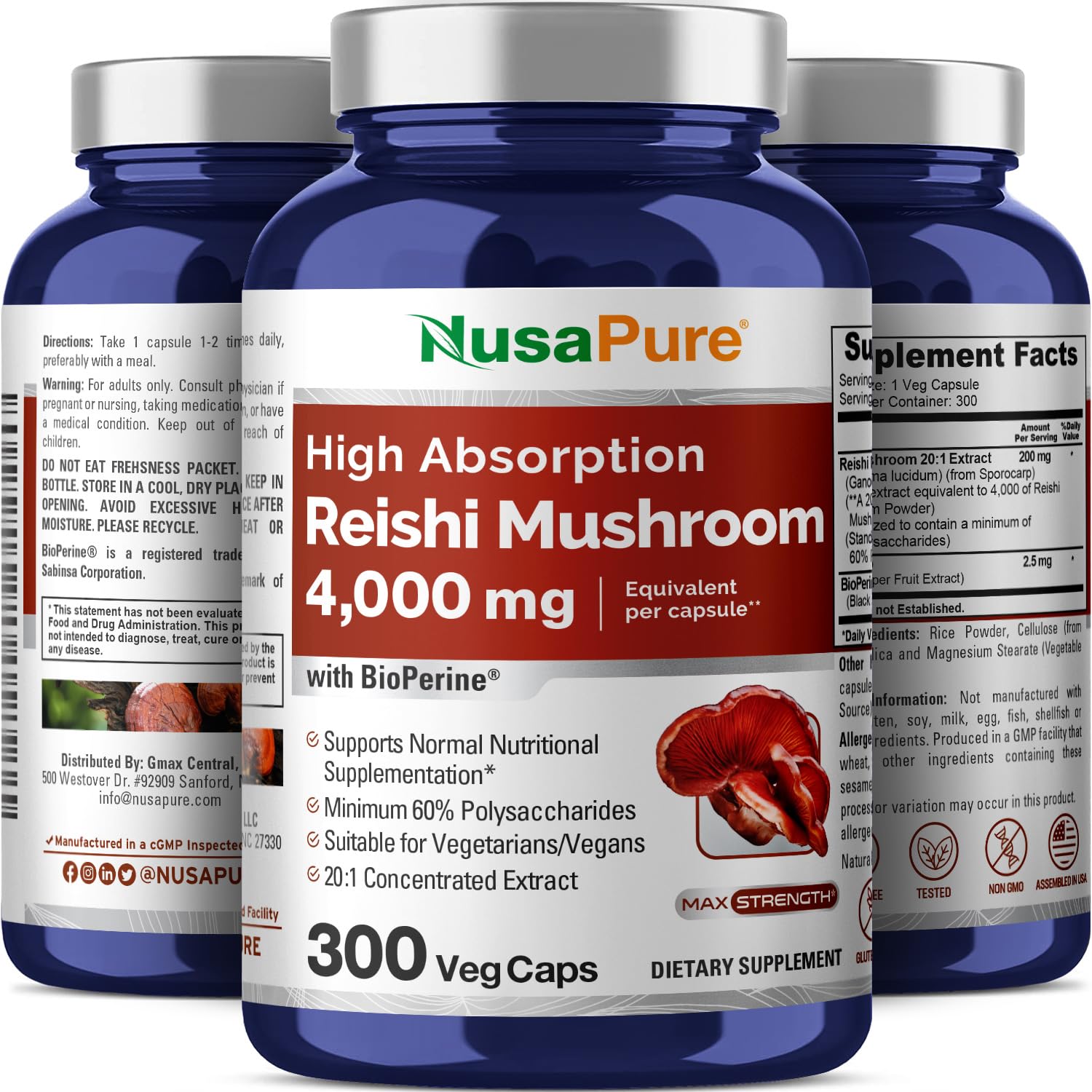 NusaPure Reishi Mushroom Extract 20:1 Extract, 200 mg Equivalent to 4000mg per Capsule 300 Veggie Caps Vegan, Non-GMO, Vegan NusaPure buy australia supplements