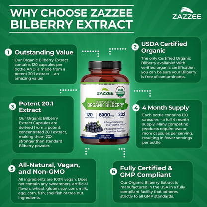 Zazzee USDA Organic Bilberry 20:1 Extract, 120 Capsules, 4 Month Supply | Vegan, Vaccinium Myrtillus, Eye Health, Vision & Antioxidant Support, All-Natural, Non-GMO, Made in the USA Gsupps Australia