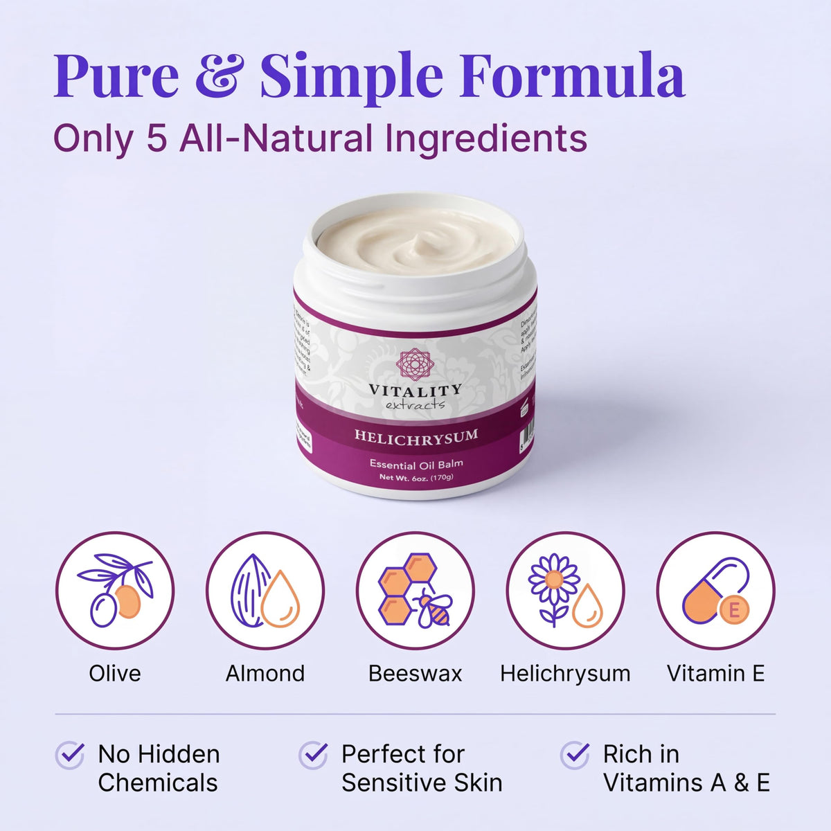 Vitality Extracts Helichrysum Balm - 6oz, Helichrysum Gymnocephalum, Beeswax, Almond Oil, Ultra-Moisturizing, Skin Healing, Full Body Hydration Vitality