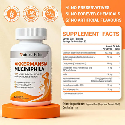Nature Echo Supplement Support, Akkermansia Muciniphila Supplement for Cravings & Gut Health with Collagen, Inulin & Chromium - 60 Servings Capsules Nature Echo