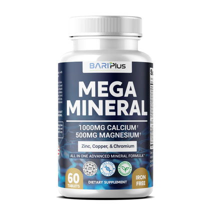 Mega Mineral – Complete Complex with Vitamin D, Calcium, Magnesium, Zinc, Potassium, Boron, Selenium, Chromium & Trace Minerals – Iron-Free – USA Made – 60 Tablets BARIPLUS