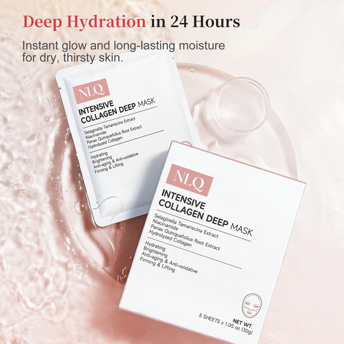 NLQ Bio-Collagen Face Mask Overnight Hydrogel Deep Mask - Glass Skin Intensive Hydrating & Firming Pore Refining Anti-Aging Sheet Mask, Skincare Gift for Women (5 Sheets) NLQ