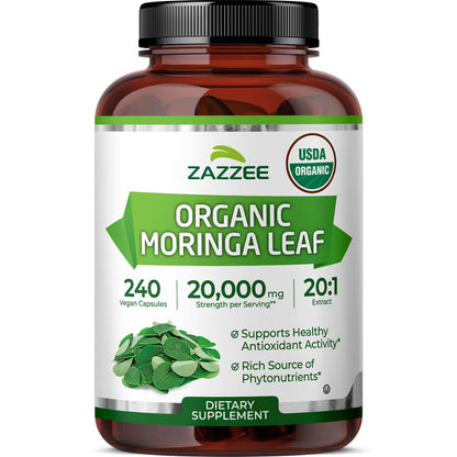 Zazzee USDA Organic Moringa Leaf 20:1 Extract, 180 Vegan Capsules | 3 Month Supply, Certified Kosher, Moringa Oleifera, Antioxidant, Immune & Cellular Support, Superfood Supplement, Made in USA Gsupps Australia