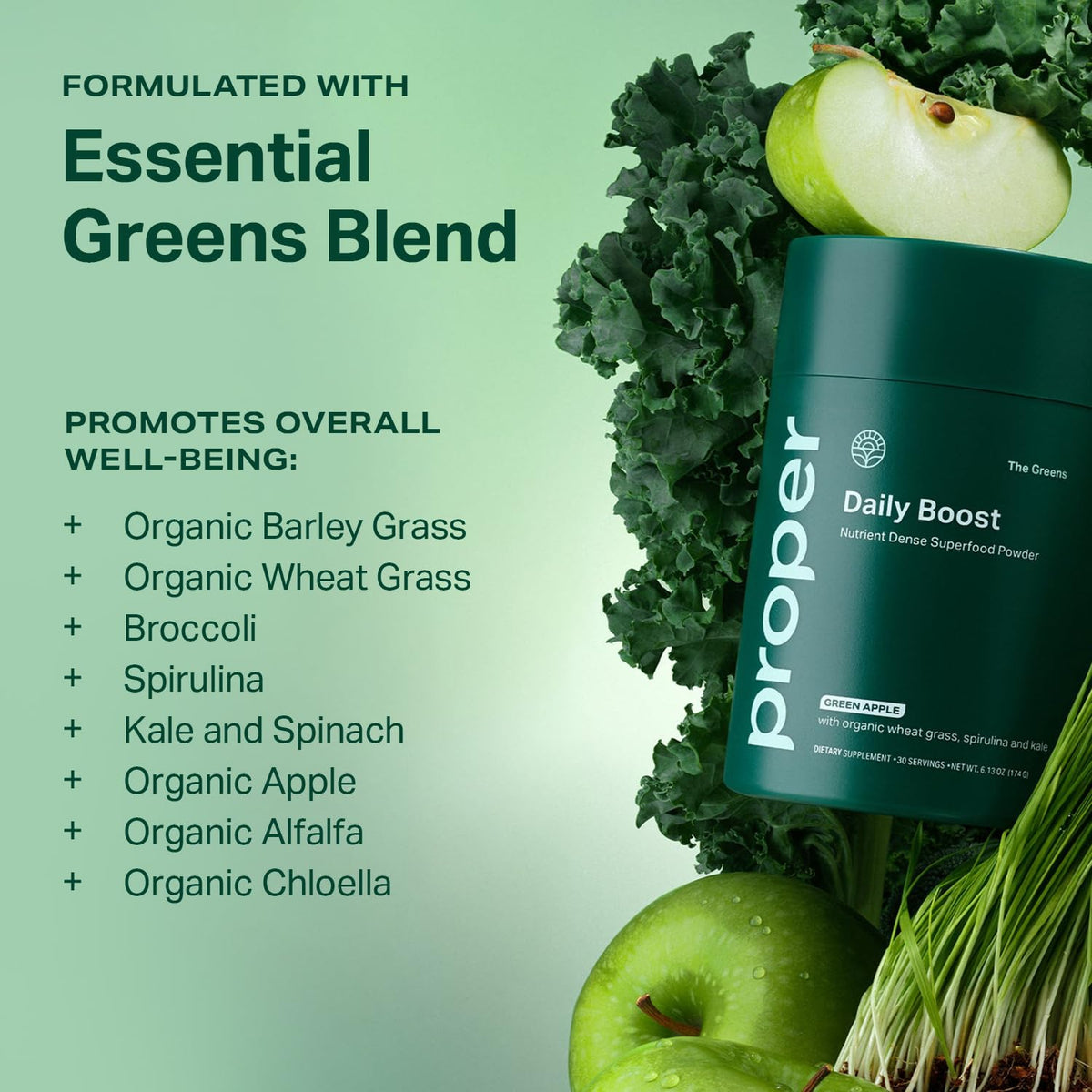 Proper, The Greens Daily Boost Organic Greens Powder. Whole Food, Apple Flavour Veggie Powder Superfood with Wheatgrass, Spirulina, Chlorella, Probiotics. Proper