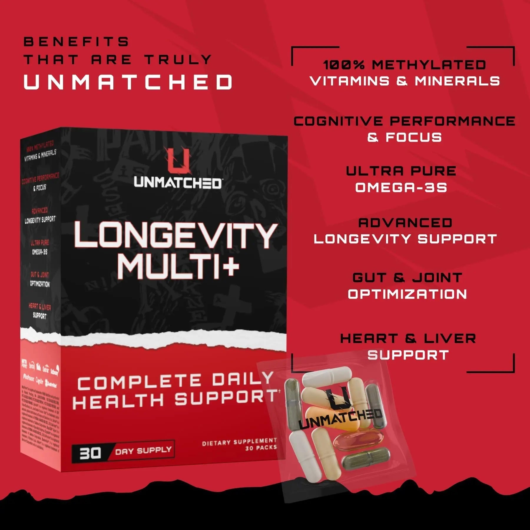 Unmatched Longevity Multi+ | Complete Daily Health Support | Methylated Vitamins & Minerals, Omega-3s, Nootropics, & Longevity Agents | Unmatched buy australia supplements