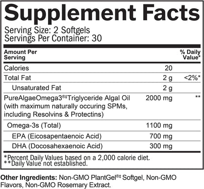 BRAINMD Dr Amen Vegan Omega-3 Power - 60 Plant-Based Softgels - 1,100 mg of EPA & DHA - Supports Focus, Memory & Heart Health - Vegan, Gluten Free & Non-GMO - 30 Servings