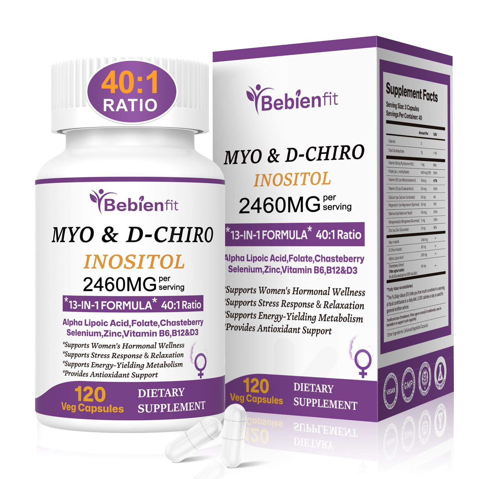 13-in-1 Myo Inositol & D-Chiro Inositol for Women PCOS,Hormonal Balance,2460mg-40:1 Ratio,Ovarian Health&Cycle Support Supplement Plus Alpha Lipoic Acid/Folate/Vitex/Magnesium/Multivitamin,120 Veg Cap Bebien fit buy australia supplements