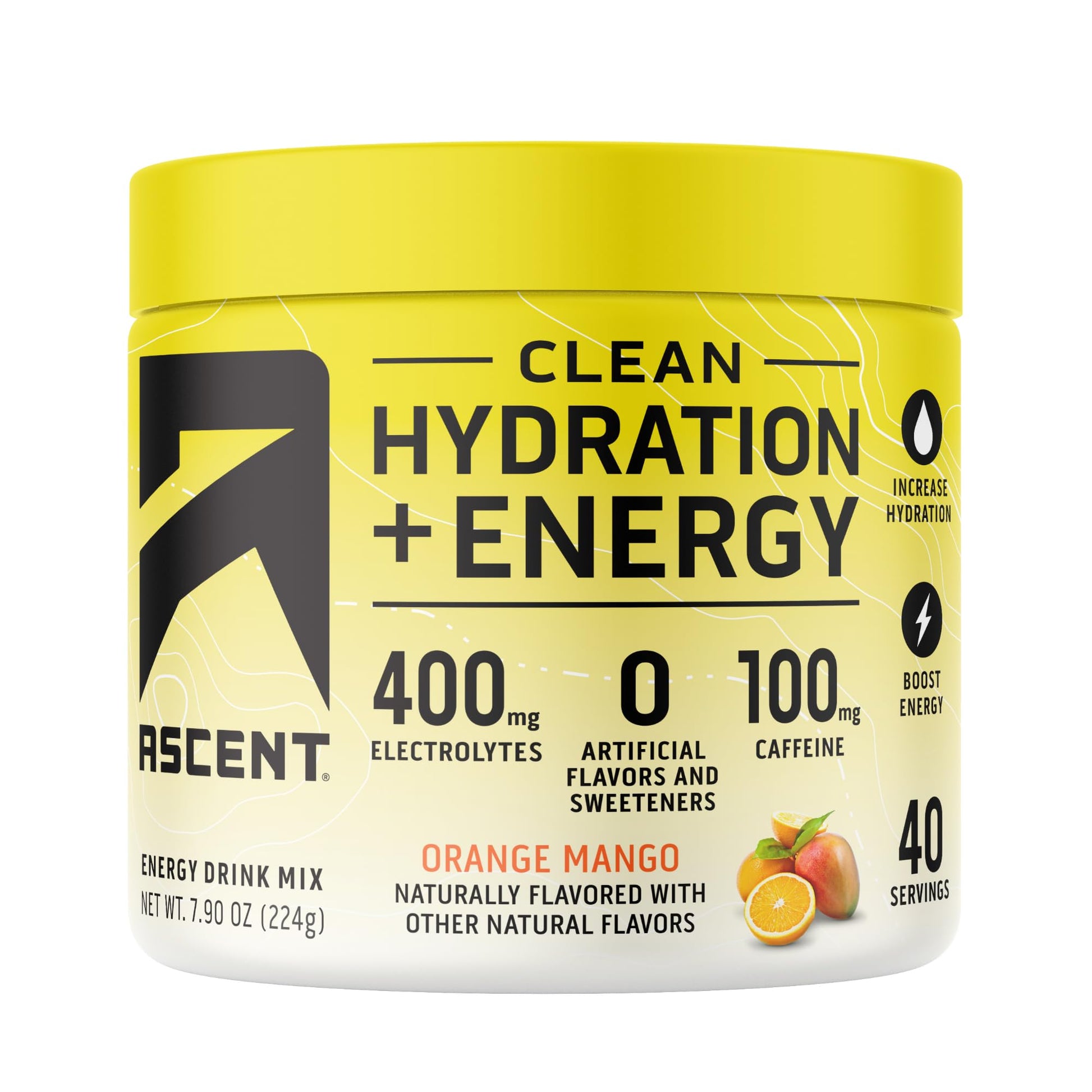 Ascent Clean Hydration + Energy Electrolytes Powder - 100mg Caffeine, 400mg Electrolytes, No Artificial Ingredients, Orange Mango 40 Servings Ascent buy australia supplements