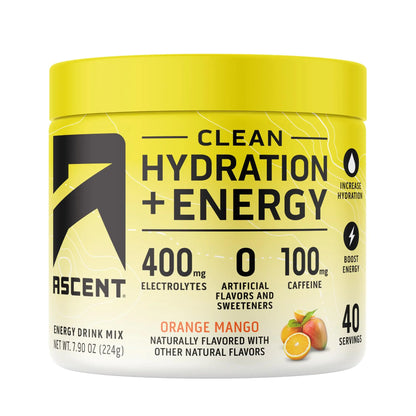 Ascent Clean Hydration + Energy Electrolytes Powder - 100mg Caffeine, 400mg Electrolytes, No Artificial Ingredients, Orange Mango 40 Servings Ascent