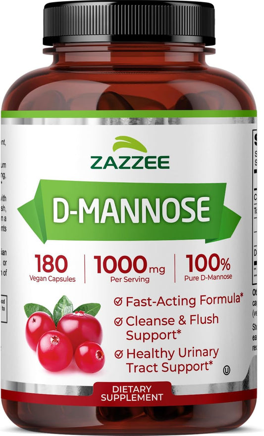 Zazzee D-Mannose, 1000 mg per Serving, 180 Vegan Capsules, 3 Month Supply | Potent & Fast-Acting, Certified Kosher, 100% Pure, All-Natural Urinary Tract Health Support, 100% Vegetarian, Non-GMO Gsupps Australia