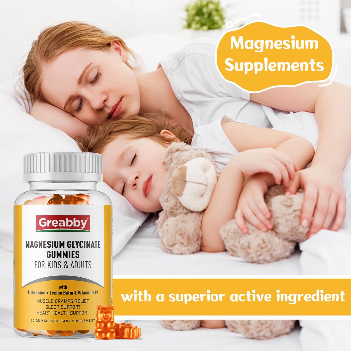 Magnesium Glycinate Gummies for Kids & Adults - Magnesium Glycinate 300mg Chewable Supplement - Promotes Sleep, Muscle, Relaxation (60Count)