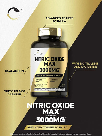 Carlyle Nitric Oxide Supplement 3000mg | 120 Capsules | with L-Arginine & L-Citrulline | for Men & Women | Pre & Post Workout | Non-GMO, Gluten Free Carlyle