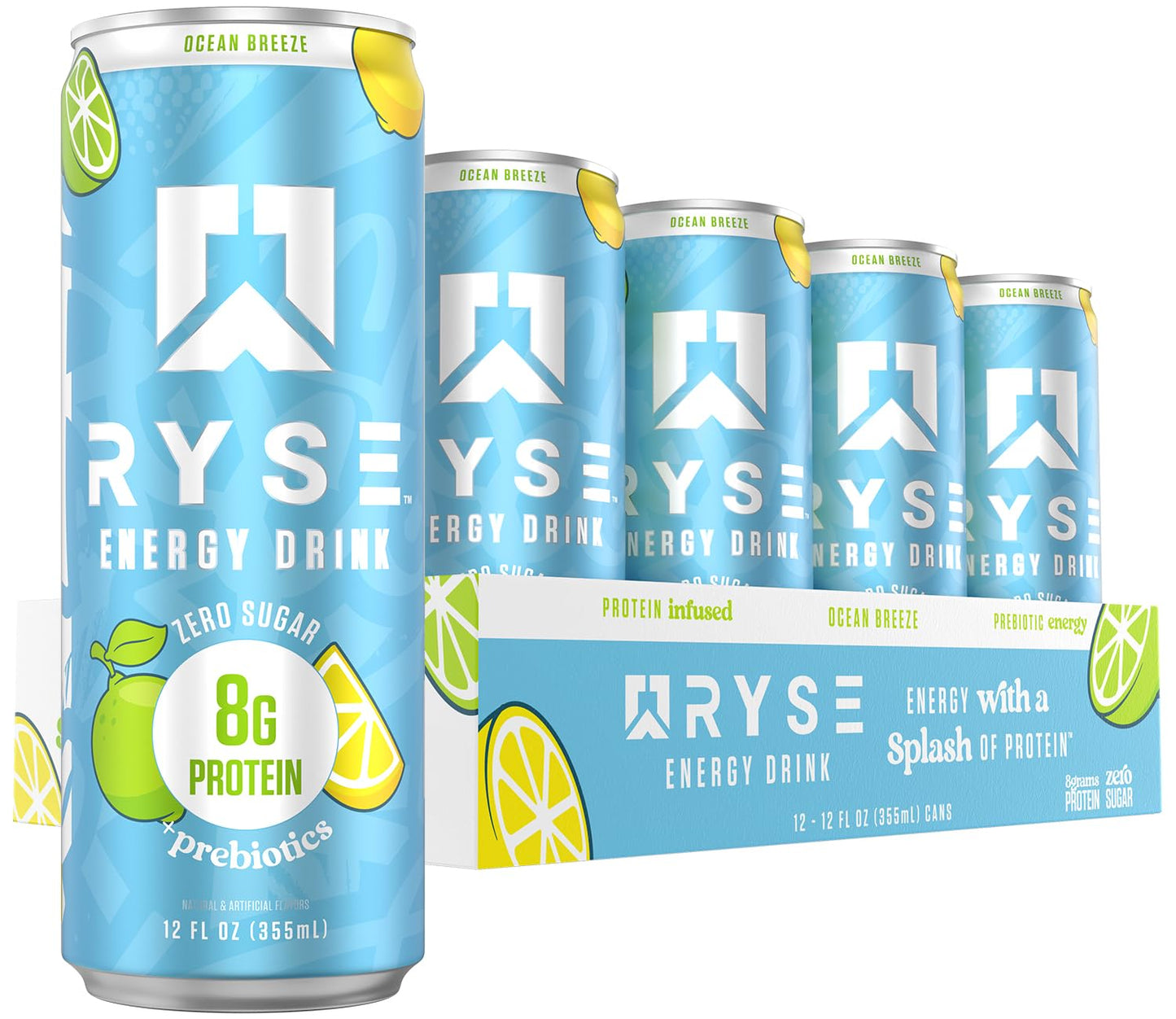 RYSE Functional Energy Drink - 5 Flavors Variety Pack - 150mg Natural Caffeine, 8g Whey Protein & 1g Prebiotics - Sugar Free, Gut-Friendly, Bloat-Free - 12 fl oz Cans (12-Pack)